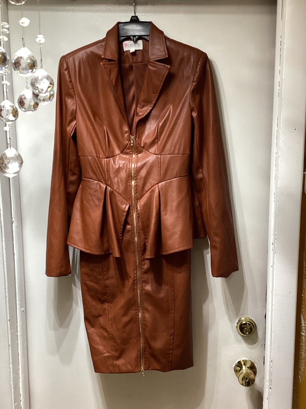 L'ATISTE Brown Leather Midi Dress Set with Peplum Jacket